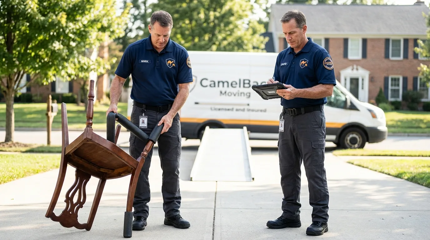 Movers inspecting furniture for damage prevention before loading in Davenport, IA