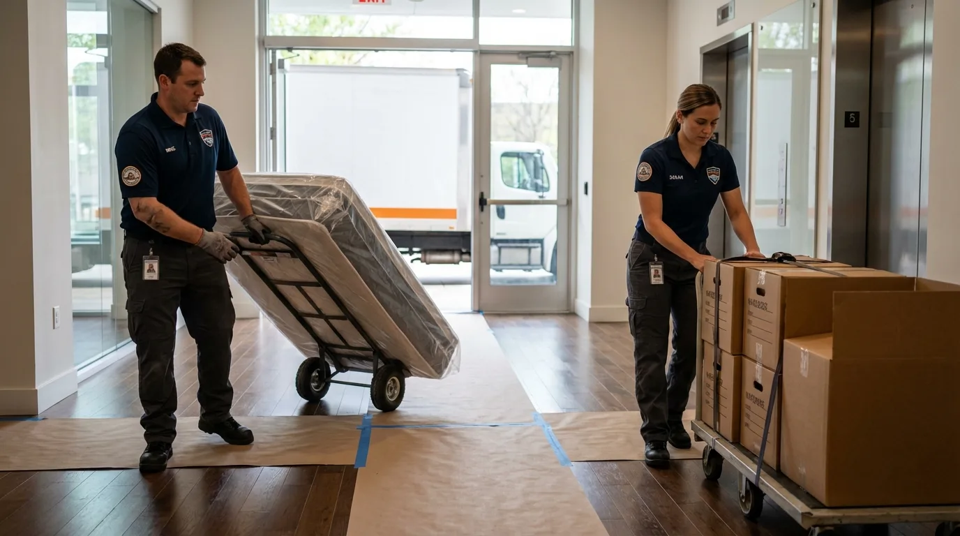 Professional apartment movers loading elevator in Davenport, IA