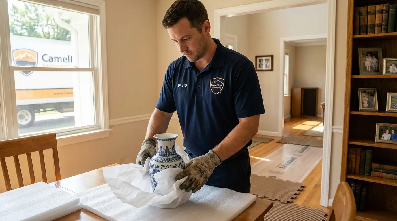 Professional crew carefully wrapping antique vase for senior downsizing move in Davenport, IA